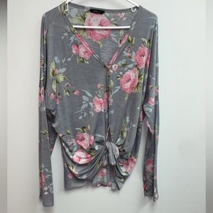 Heimish Gray and Pink Floral Long Sleeve Button Tie Knot Blouse